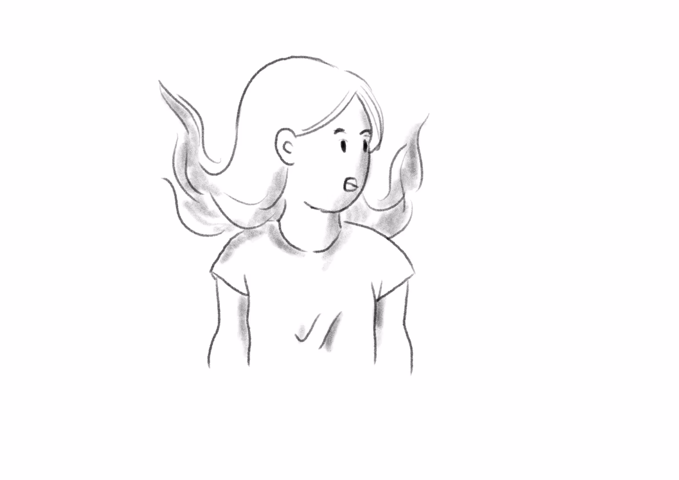 Illustration au crayon d'une jeune femme aux cheveux volants, l'air surpris